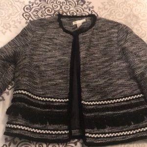 H&M black and white tweed jacket w fringe sz 12